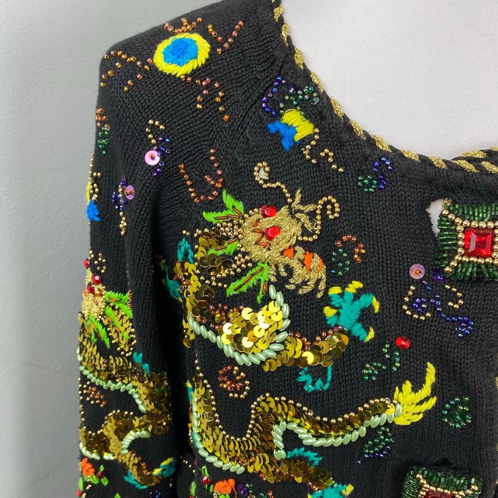 Michael Simon Vintage Year of the Dragon Embroidery Beaded Artwork Sweater Sz 2 - Picture 3 of 9